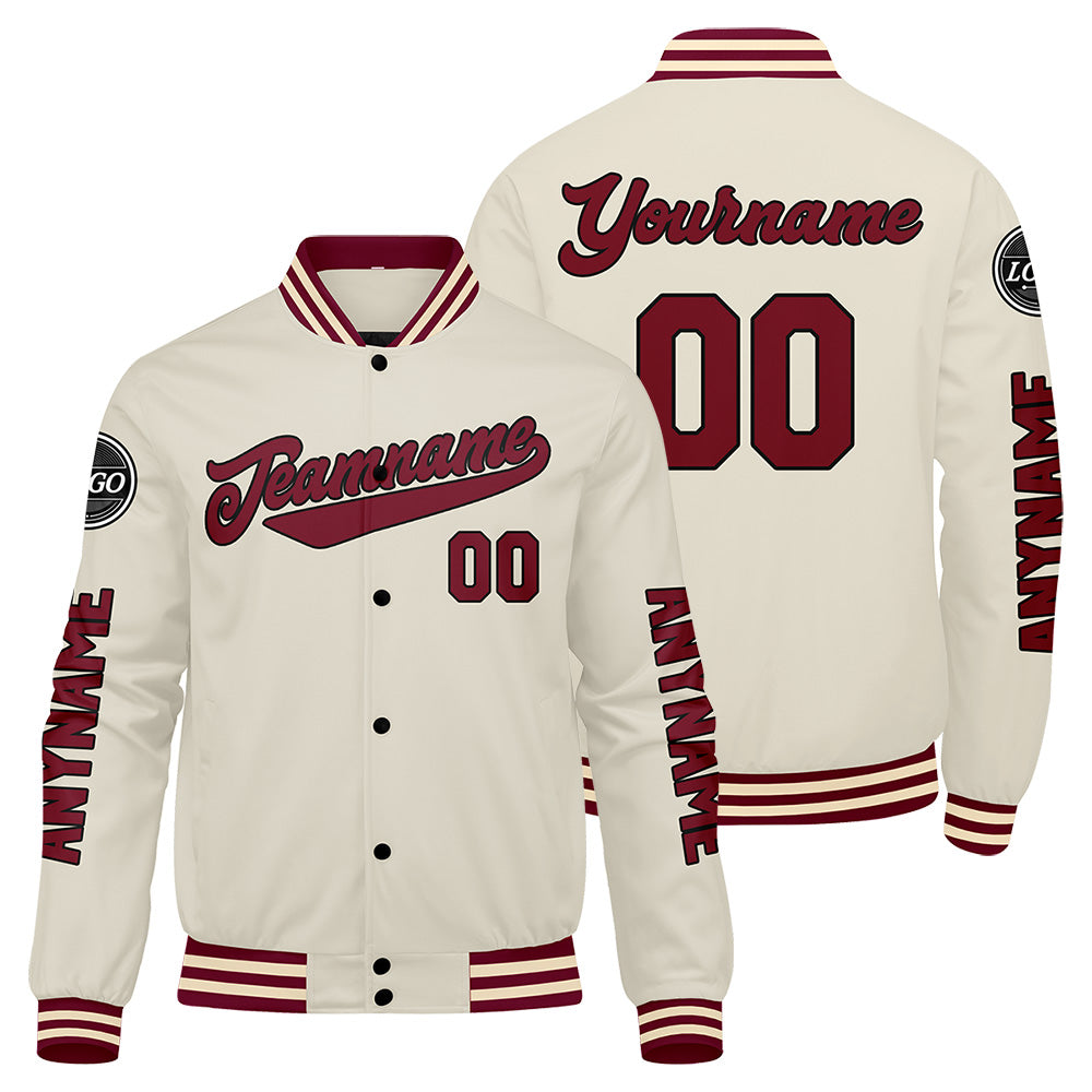 Maßgeschneiderte Crimson Creme Letterman Varsity Jacket Individuelle Stickerei Druck nach Ihrem Wunsch
