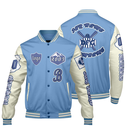 Maßgeschneiderte Blau Weiß Letterman Varsity Jacket Individuelle Stickerei  Druck nach Ihrem Wunsch
