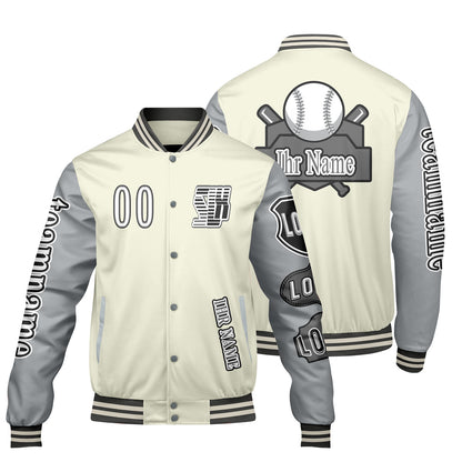 Maßgeschneiderte Weiß Grau Letterman Varsity Jacket Individuelle Stickerei  Druck nach Ihrem Wunsch