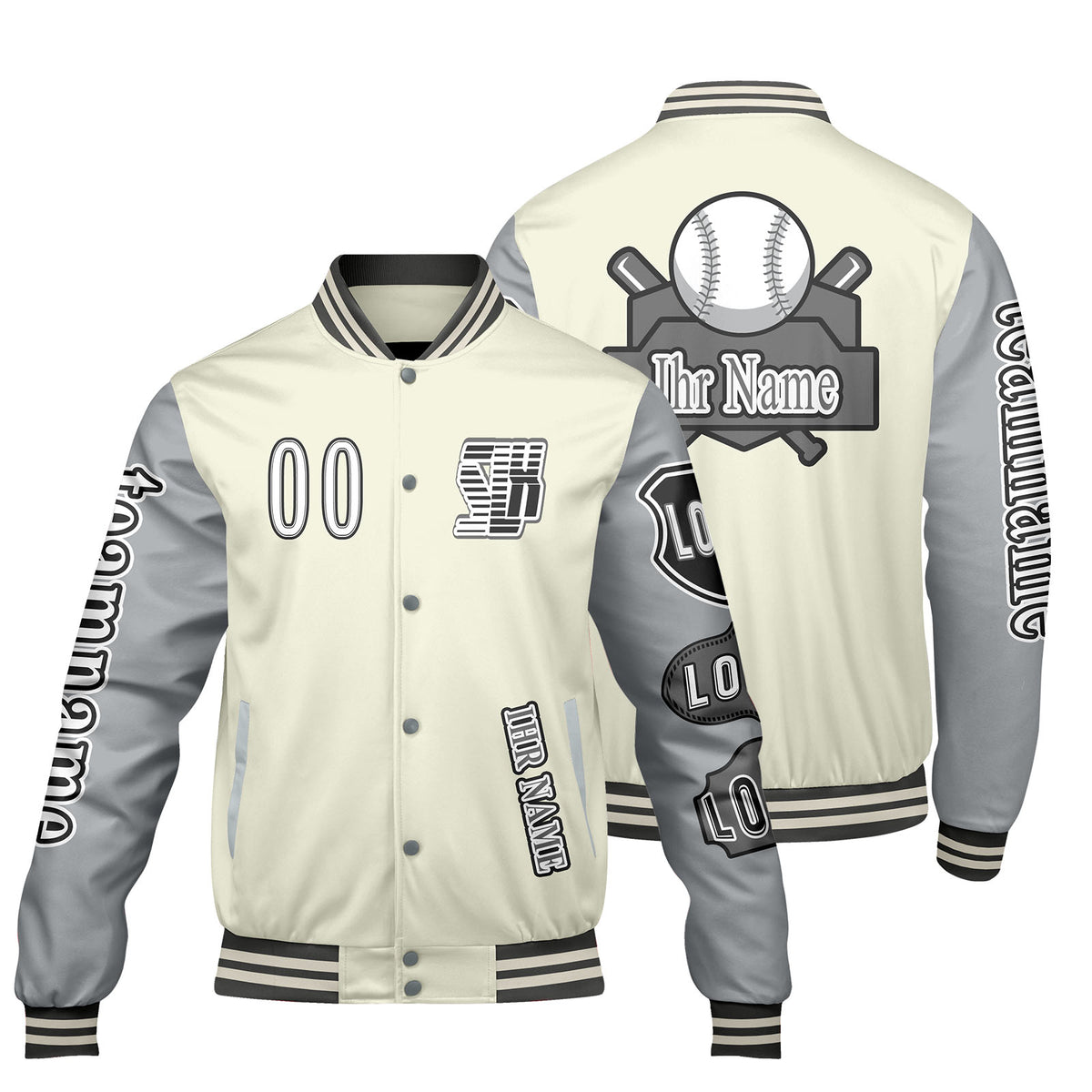 Maßgeschneiderte Weiß Grau Letterman Varsity Jacket Individuelle Stickerei  Druck nach Ihrem Wunsch