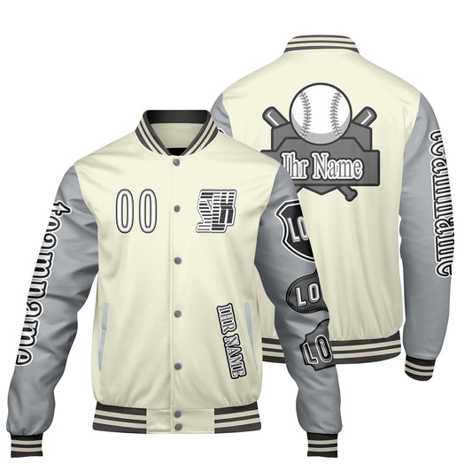 Maßgeschneiderte Weiß Grau Letterman Varsity Jacket Individuelle Stickerei  Druck nach Ihrem Wunsch