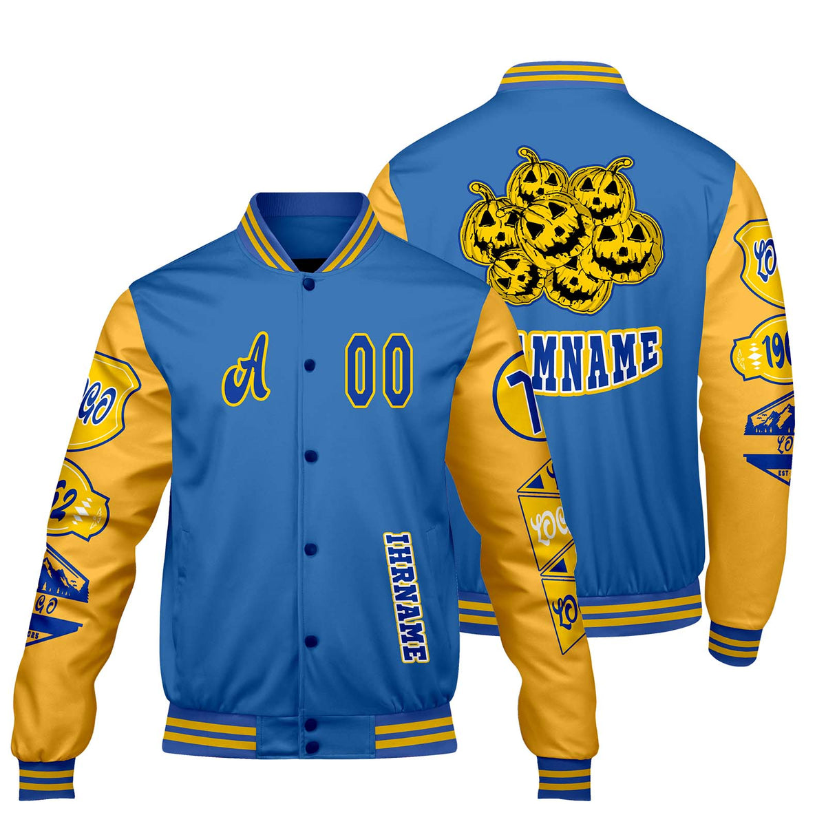 Maßgeschneiderte Blau Gelb Letterman Varsity Jacket Individuelle Stickerei  Druck nach Ihrem Wunsch