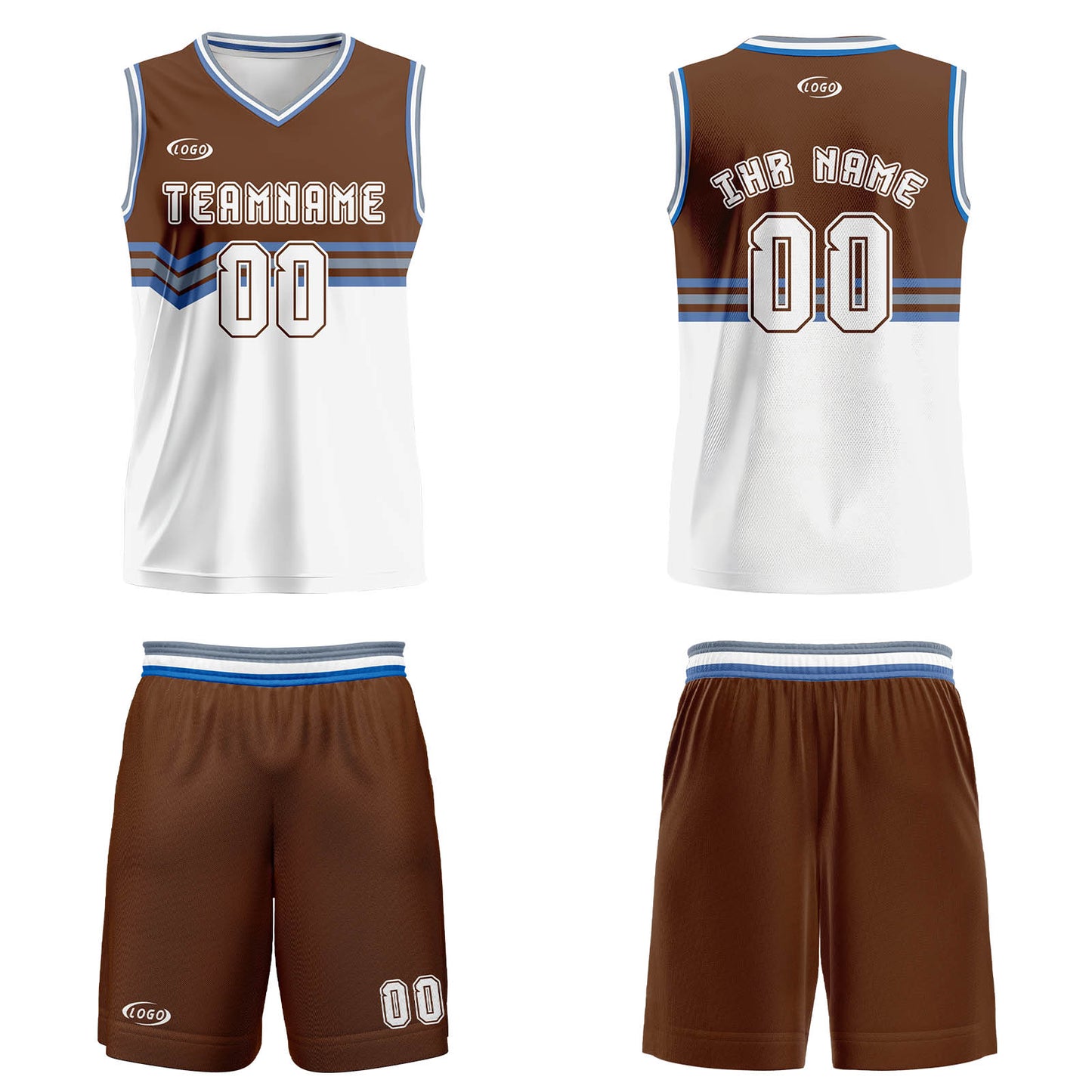 Benutzerdefinierter Braun Weiß Grau Blau Basketball Jersey Uniform Anzug gedruckt Ihr Logo Name Nummer