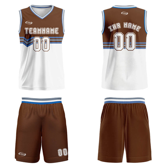 Benutzerdefinierter Braun Weiß Grau Blau Basketball Jersey Uniform Anzug gedruckt Ihr Logo Name Nummer