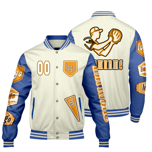 Maßgeschneiderte Weiß Hellblau Letterman Varsity Jacket Individuelle Stickerei  Druck nach Ihrem Wunsch
