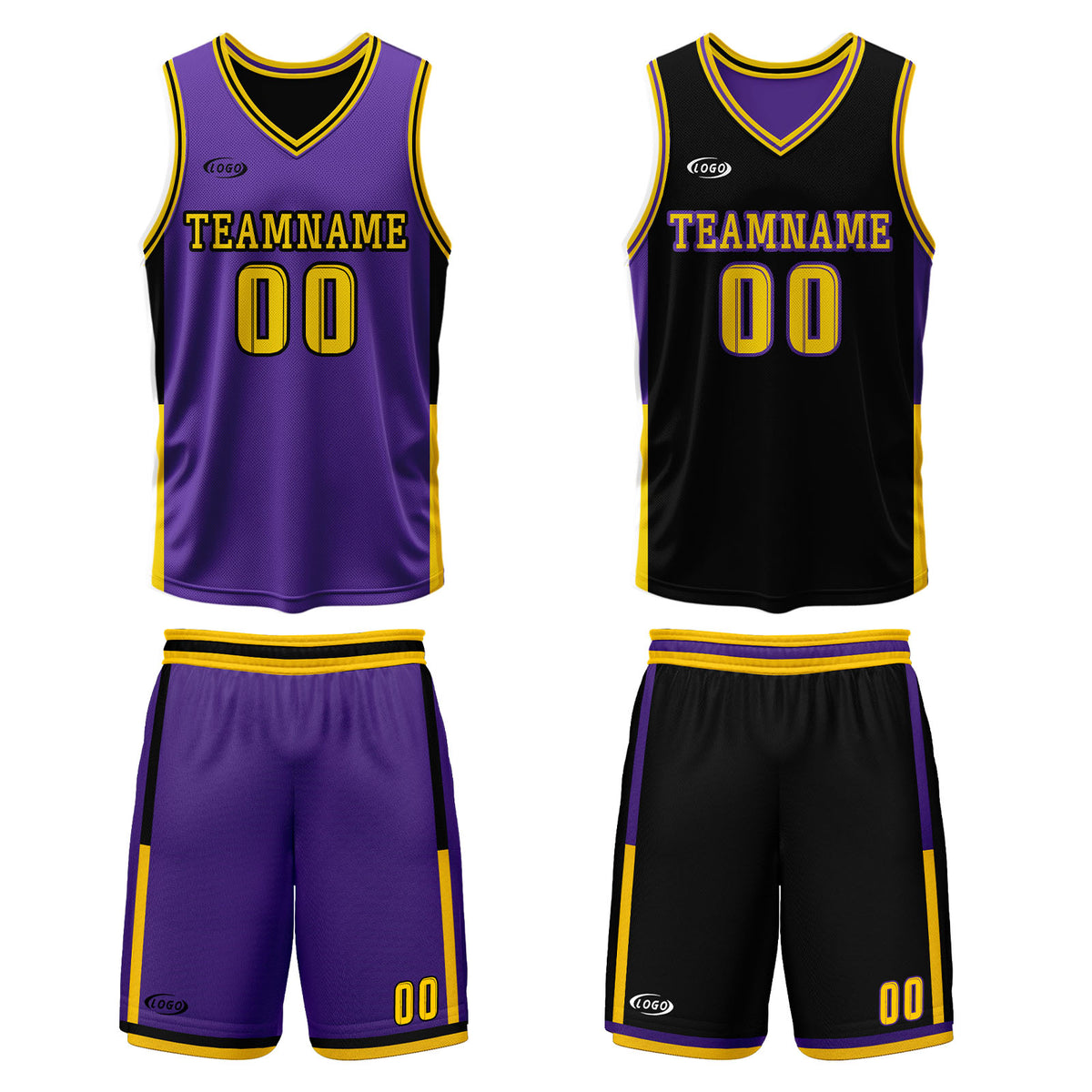 Benutzerdefinierte Lila Schwarz Gelb Reversible Basketball Jersey Personalisierte Drucken Name Nummer Logo