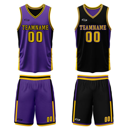 Benutzerdefinierte Lila Schwarz Gelb Reversible Basketball Jersey Personalisierte Drucken Name Nummer Logo