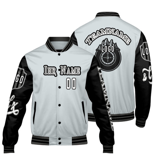 Maßgeschneiderte Grau Schwarz Letterman Varsity Jacket Individuelle Stickerei  Druck nach Ihrem Wunsch
