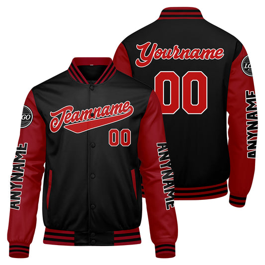 Maßgeschneiderte Rot Schwarz Letterman Varsity Jacket Individuelle Stickerei Druck nach Ihrem Wunsch