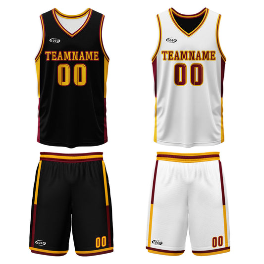 Benutzerdefinierte Schwarz Weiß Gelb Reversible Basketball Jersey Personalisierte Drucken Name Nummer Logo