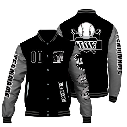 Maßgeschneiderte Schwarz Grau Letterman Varsity Jacket Individuelle Stickerei  Druck nach Ihrem Wunsch
