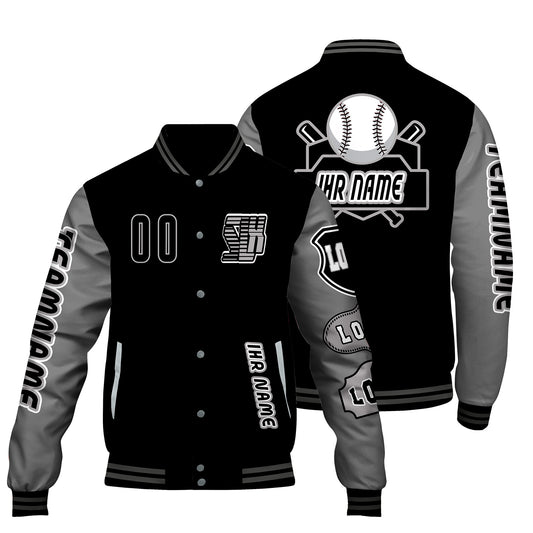 Maßgeschneiderte Schwarz Grau Letterman Varsity Jacket Individuelle Stickerei  Druck nach Ihrem Wunsch