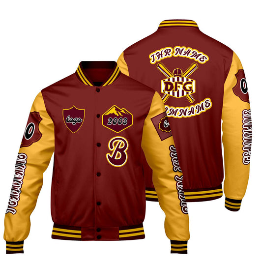 Maßgeschneiderte Rot Gelb Letterman Varsity Jacket Individuelle Stickerei  Druck nach Ihrem Wunsch