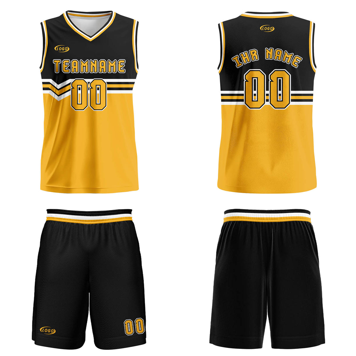 Benutzerdefinierter Schwarz Gelb Weiß Basketball Jersey Uniform Anzug gedruckt Ihr Logo Name Nummer