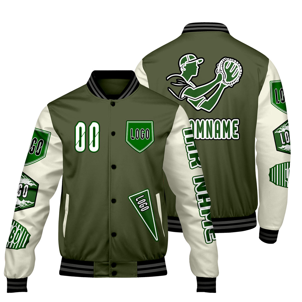 Maßgeschneiderte Olivengrün Weiß Letterman Varsity Jacket Individuelle Stickerei  Druck nach Ihrem Wunsch