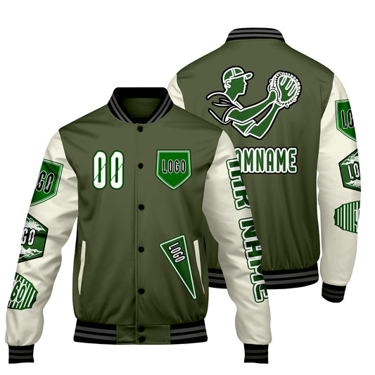 Maßgeschneiderte Olivengrün Weiß Letterman Varsity Jacket Individuelle Stickerei  Druck nach Ihrem Wunsch