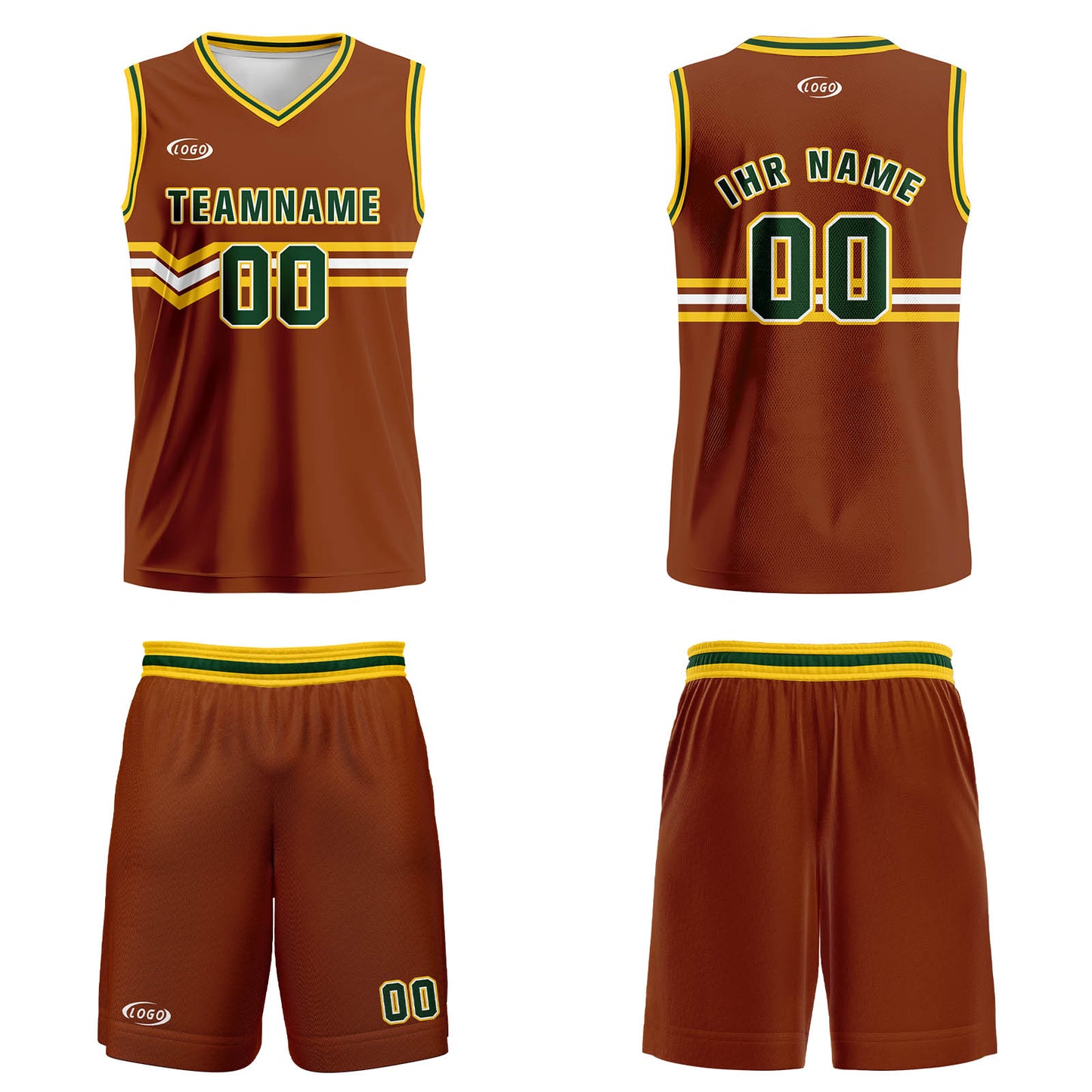 Benutzerdefinierter Braun Grün Gelb Weiß Basketball Jersey Uniform Anzug gedruckt Ihr Logo Name Nummer