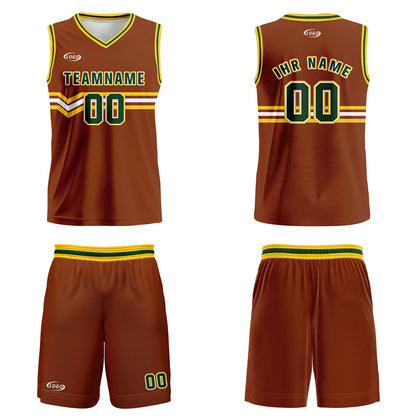 Benutzerdefinierter Braun Grün Gelb Weiß Basketball Jersey Uniform Anzug gedruckt Ihr Logo Name Nummer
