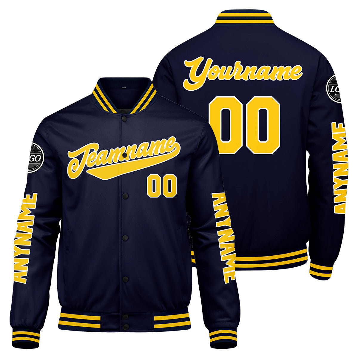 Maßgeschneiderte Marine Gelb Letterman Varsity Jacket Individuelle Stickerei Druck nach Ihrem Wunsch
