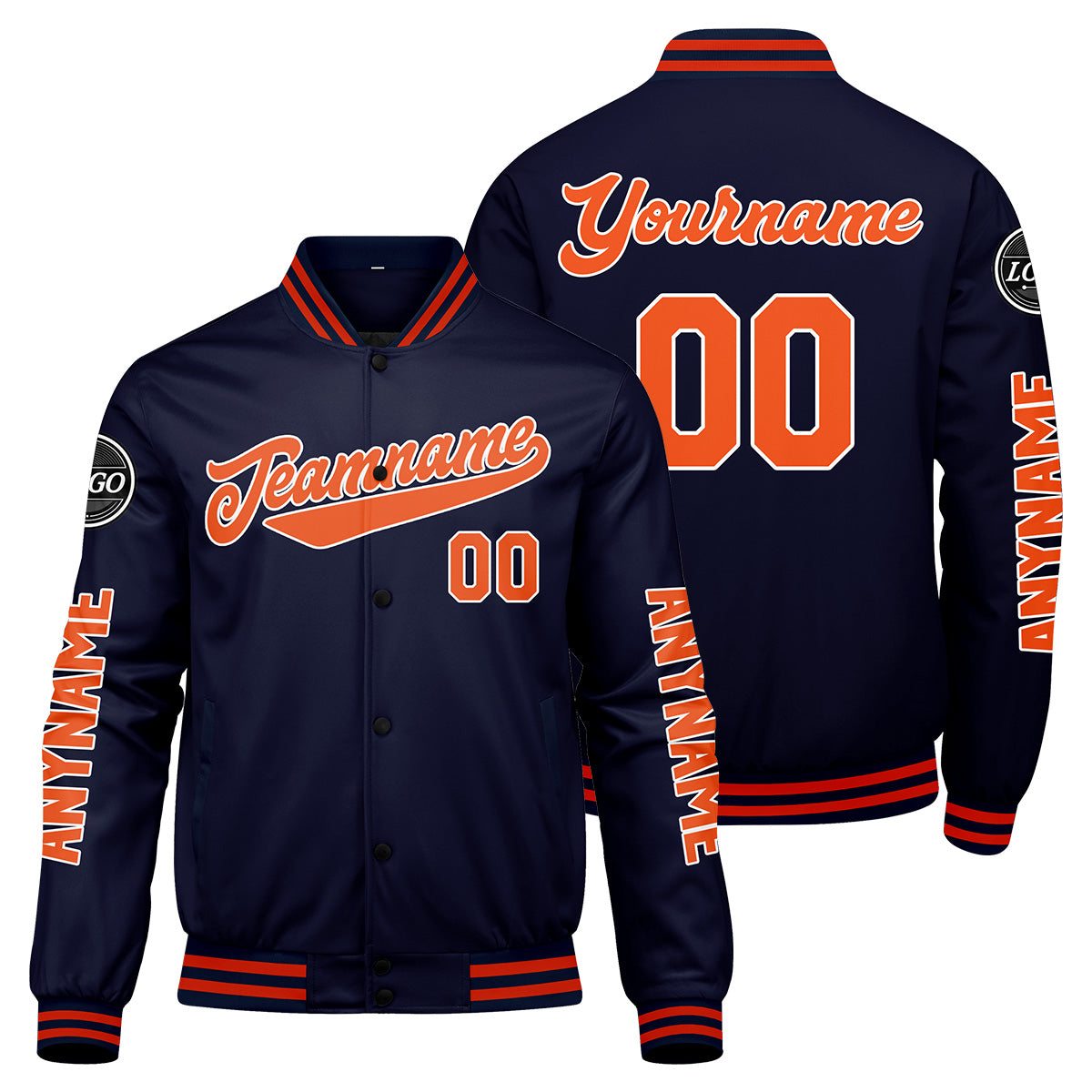 Maßgeschneiderte Marine Orange Letterman Varsity Jacket Individuelle Stickerei Druck nach Ihrem Wunsch