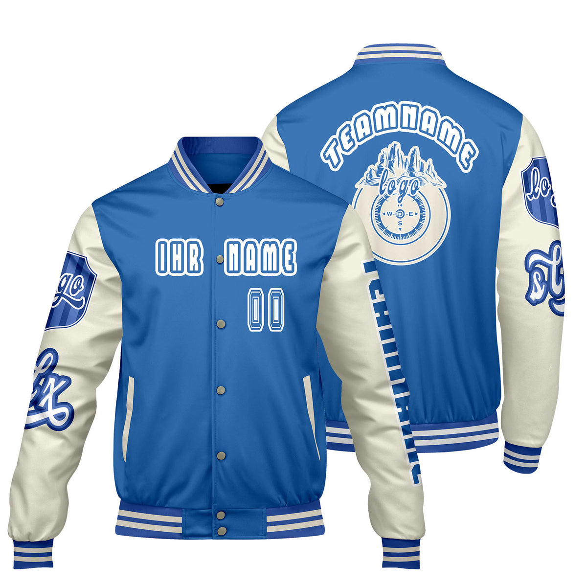 Maßgeschneiderte Blau Weiß Letterman Varsity Jacket Individuelle Stickerei  Druck nach Ihrem Wunsch