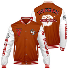 Maßgeschneiderte Orange Weiß Letterman Varsity Jacket Individuelle Stickerei Druck nach Ihrem Wunsch