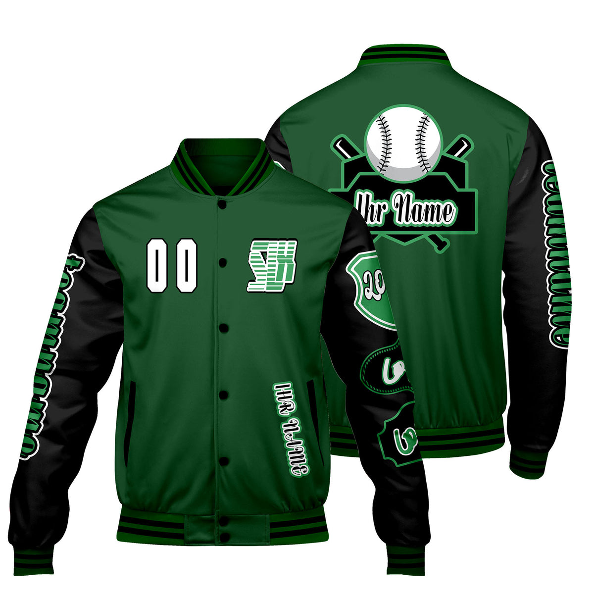 Maßgeschneiderte Grün Schwarz Letterman Varsity Jacket Individuelle Stickerei  Druck nach Ihrem Wunsch