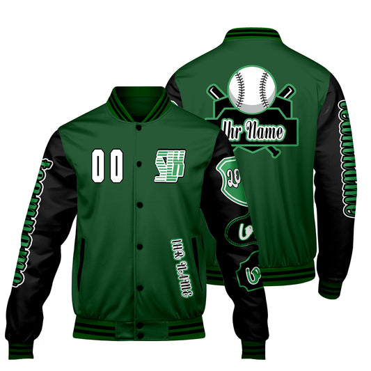 Maßgeschneiderte Grün Schwarz Letterman Varsity Jacket Individuelle Stickerei  Druck nach Ihrem Wunsch