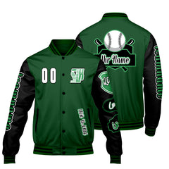 Maßgeschneiderte Grün Schwarz Letterman Varsity Jacket Individuelle Stickerei  Druck nach Ihrem Wunsch