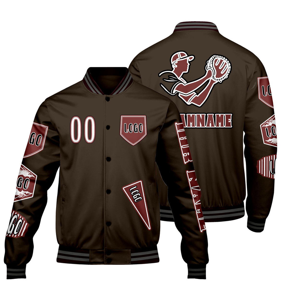 Maßgeschneiderte Braun Letterman Varsity Jacket Individuelle Stickerei  Druck nach Ihrem Wunsch