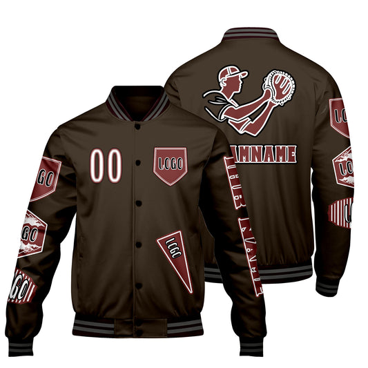 Maßgeschneiderte Braun Letterman Varsity Jacket Individuelle Stickerei  Druck nach Ihrem Wunsch