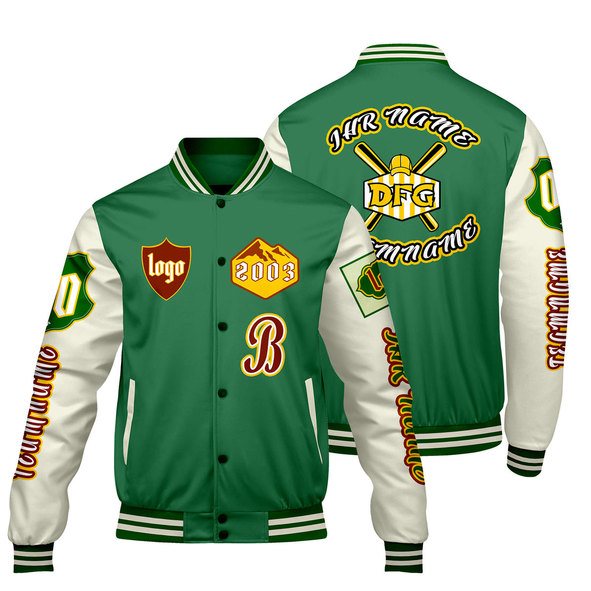 Maßgeschneiderte Grün Weiß Letterman Varsity Jacket Individuelle Stickerei  Druck nach Ihrem Wunsch