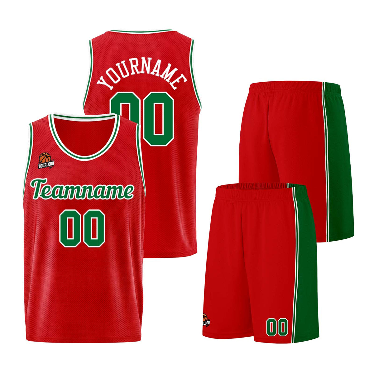 Individuelle Rot Grün Basketball Jersey Shorts für Männer und Frauen Gestickter und gedruckter Name, Nummer und Logo