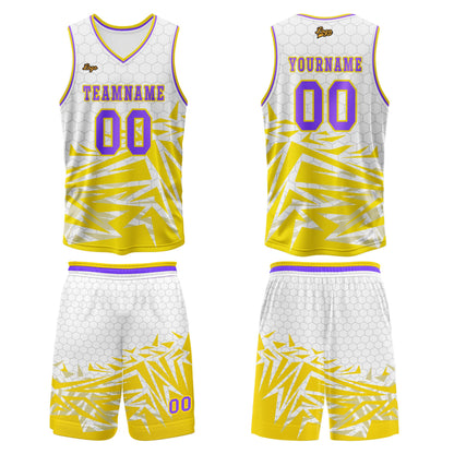 Benutzerdefinierter Gelb Violett Basketball Jersey Uniform Anzug gedruckt Ihr Logo Name Nummer