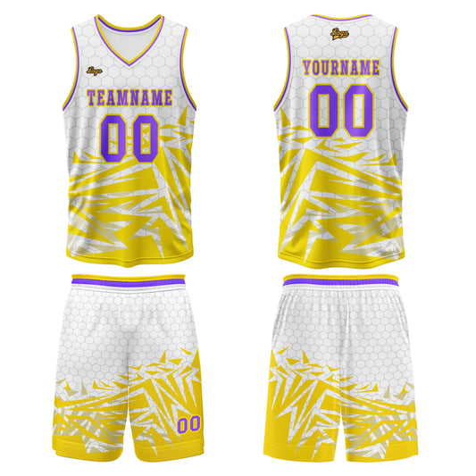 Benutzerdefinierter Gelb Violett Basketball Jersey Uniform Anzug gedruckt Ihr Logo Name Nummer