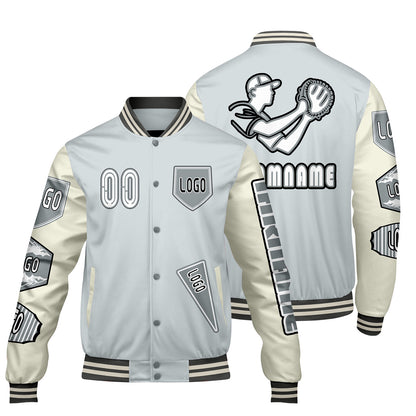 Maßgeschneiderte Grau Weiß Letterman Varsity Jacket Individuelle Stickerei  Druck nach Ihrem Wunsch