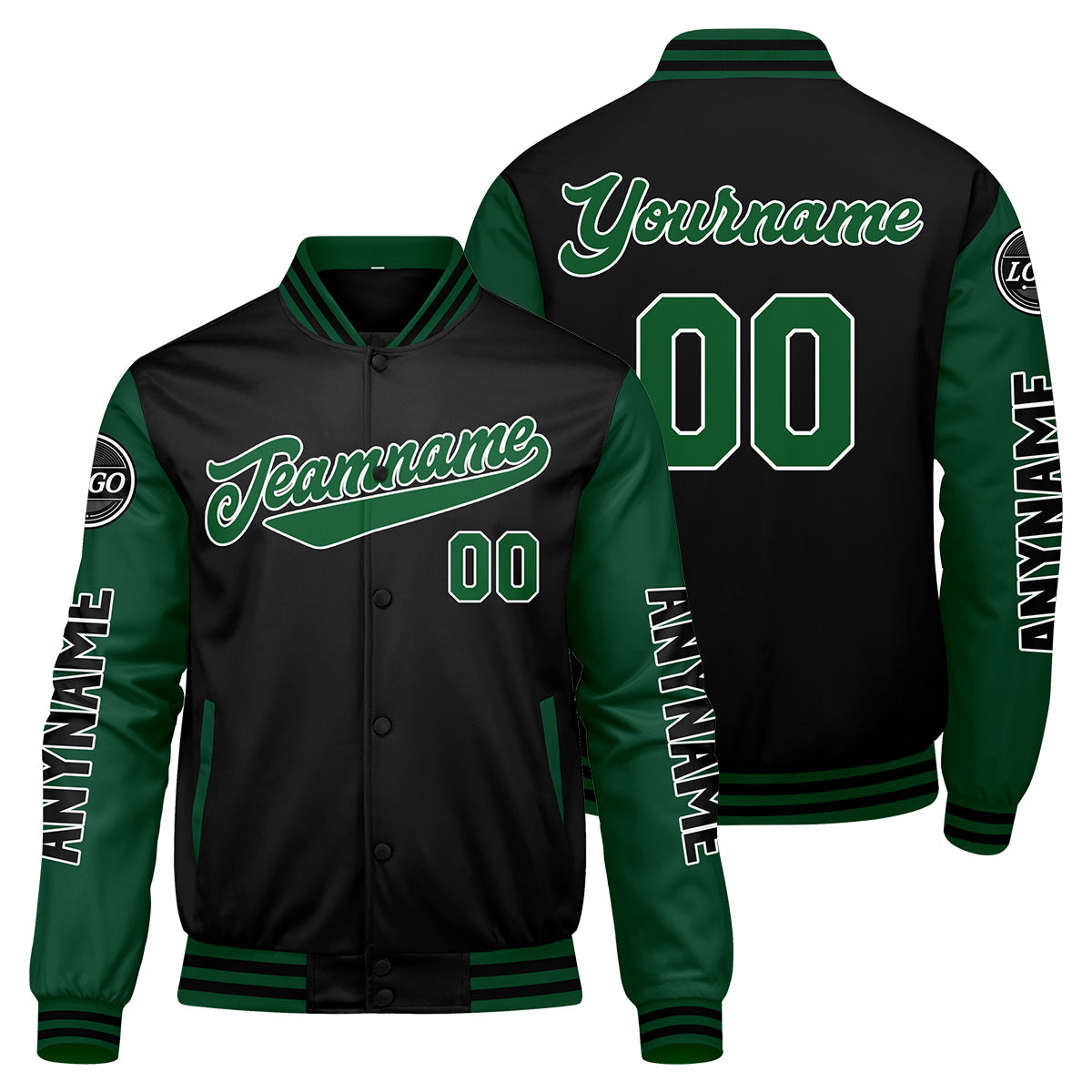 Maßgeschneiderte Grün Schwarz Letterman Varsity Jacket Individuelle Stickerei Druck nach Ihrem Wunsch