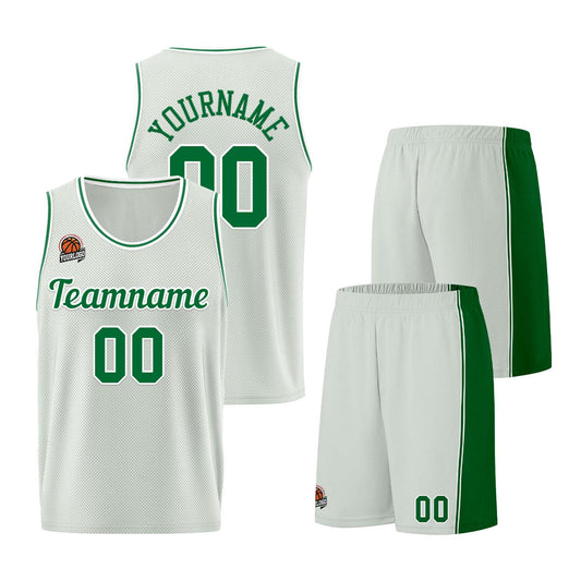 Individuelle Grau-Grün Basketball Jersey Shorts für Männer und Frauen Gestickter und gedruckter Name, Nummer und Logo