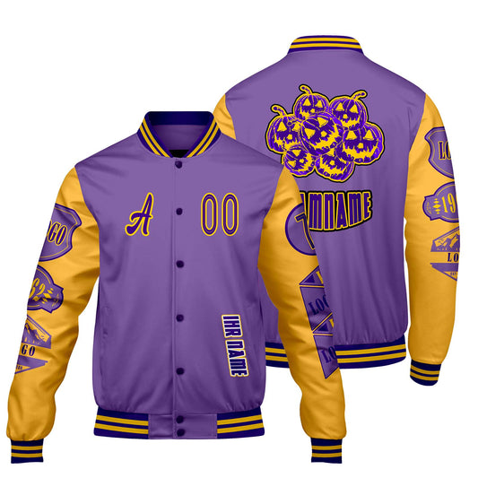 Maßgeschneiderte Lila Gelb Letterman Varsity Jacket Individuelle Stickerei  Druck nach Ihrem Wunsch
