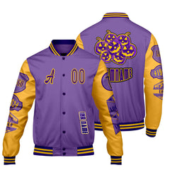Maßgeschneiderte Lila Gelb Letterman Varsity Jacket Individuelle Stickerei  Druck nach Ihrem Wunsch