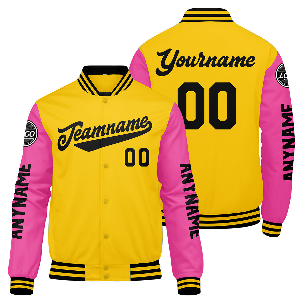 Maßgeschneiderte Gelb Rosa Schwarz Letterman Varsity Jacket Individuelle Stickerei Druck nach Ihrem Wunsch
