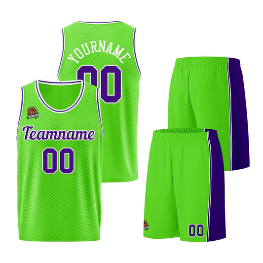 Individuelle Neongrün-Lila Basketball Jersey Shorts für Männer und Frauen Gestickter und gedruckter Name, Nummer und Logo