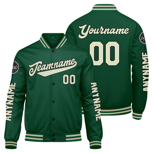 Maßgeschneiderte Grüne Creme Letterman Varsity Jacket Individuelle Stickerei Druck nach Ihrem Wunsch