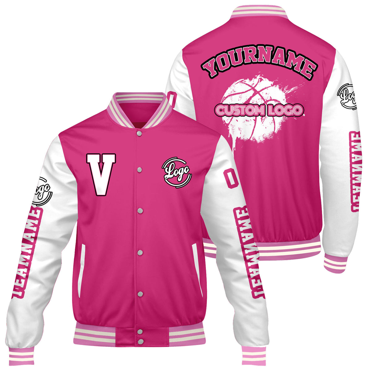 Maßgeschneiderte Rosa Weiß Letterman Varsity Jacket Individuelle Stickerei Druck nach Ihrem Wunsch