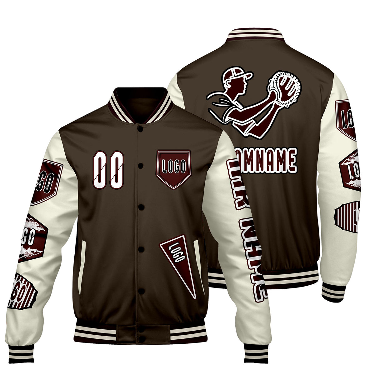 Maßgeschneiderte Braun Weiß Letterman Varsity Jacket Individuelle Stickerei  Druck nach Ihrem Wunsch