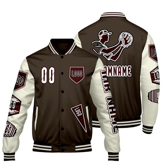 Maßgeschneiderte Braun Weiß Letterman Varsity Jacket Individuelle Stickerei  Druck nach Ihrem Wunsch