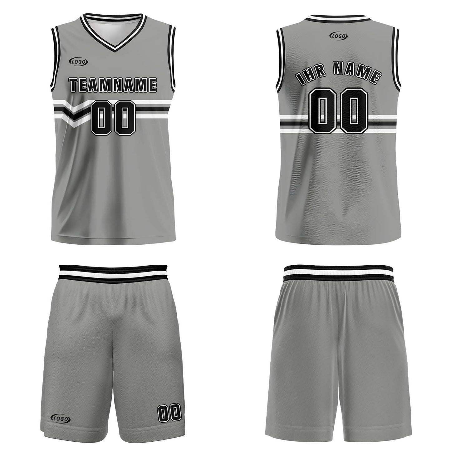 Benutzerdefinierter Grau Schwarz Weiß Basketball Jersey Uniform Anzug gedruckt Ihr Logo Name Nummer
