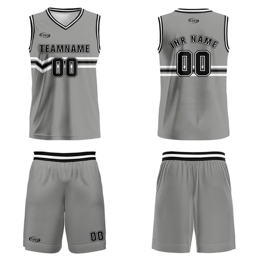 Benutzerdefinierter Grau Schwarz Weiß Basketball Jersey Uniform Anzug gedruckt Ihr Logo Name Nummer