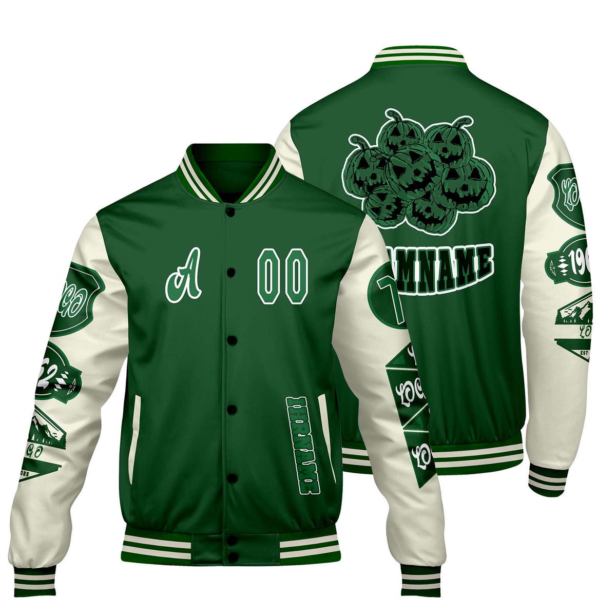 Maßgeschneiderte Grün Weiß Letterman Varsity Jacket Individuelle Stickerei  Druck nach Ihrem Wunsch