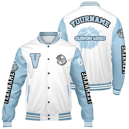 Maßgeschneiderte Weiß Löwenblau Letterman Varsity Jacket Individuelle Stickerei Druck nach Ihrem Wunsch